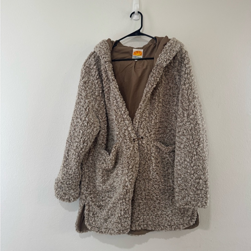 C&C California Cozy Sherpa Hooded Jacket in Tan Women's Sz L‎